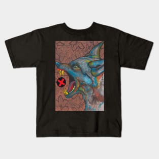 Angry blue wolf and flower doodling Kids T-Shirt
